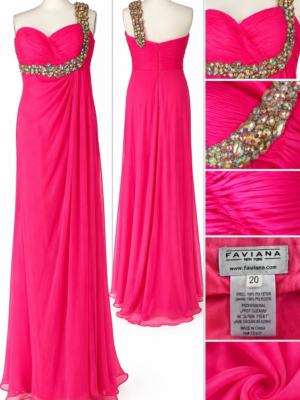 Faviana Hot Pink One-Shoulder Evening Gown with Jeweled Strap